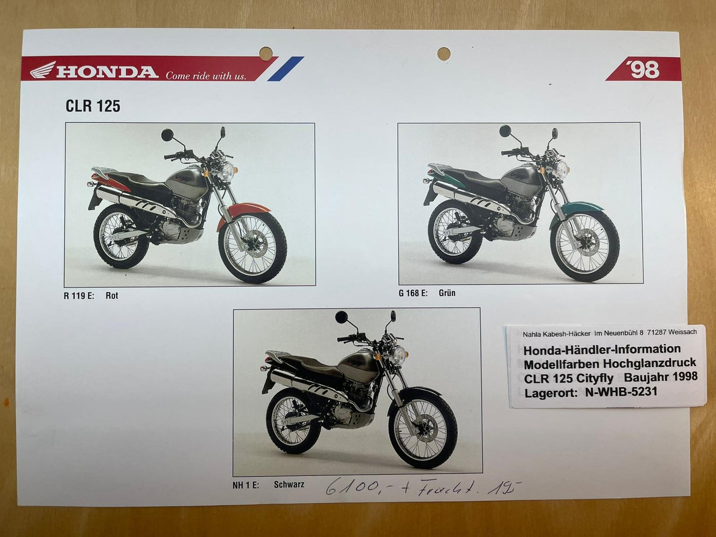 CLR125 CLR 125 Cityfly Baujahr 1998 - Honda Original Farbchart Prospekt