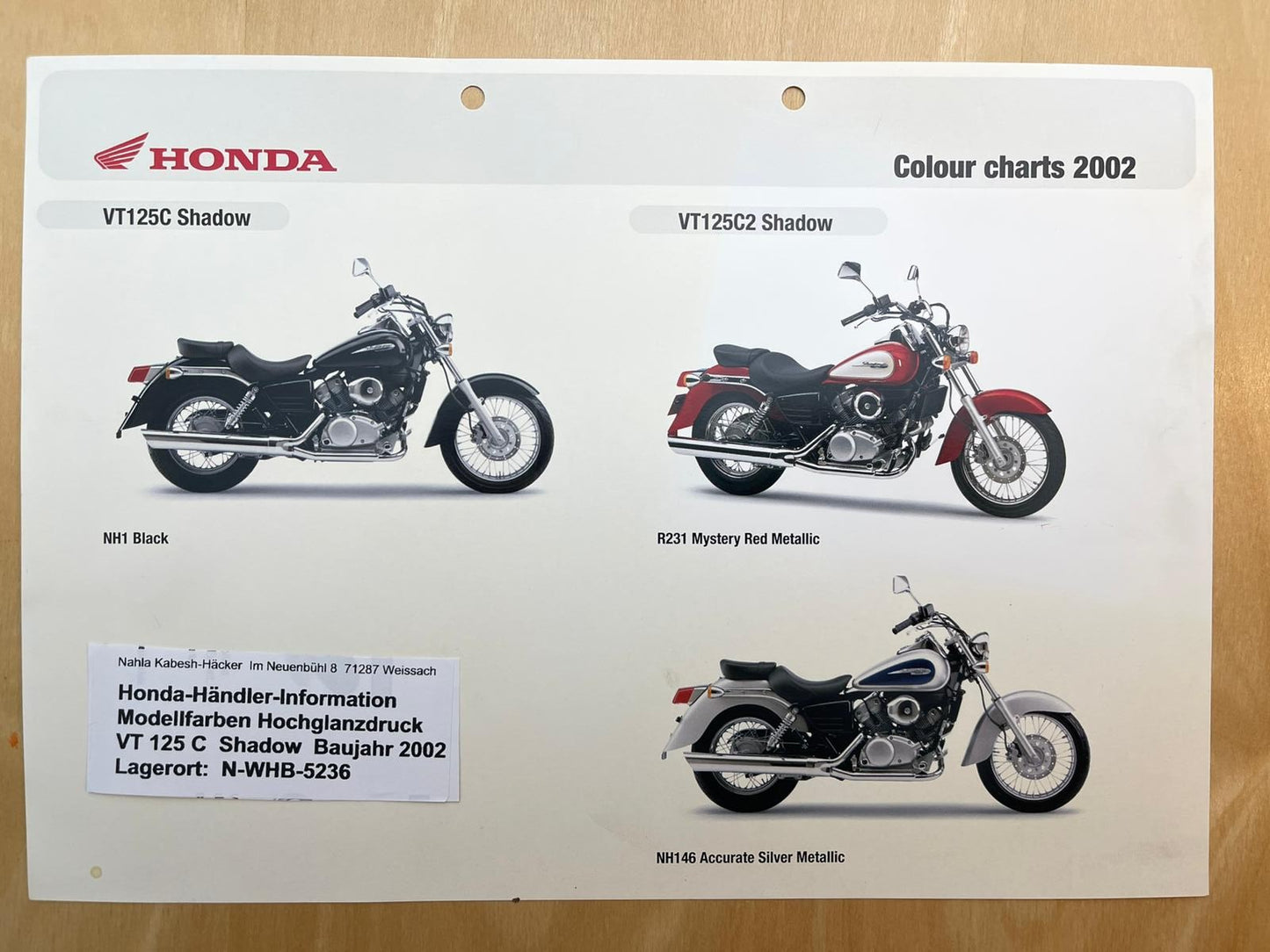 VT125C VT125 C + C2 Baujahr 2002 - Honda Original Farbchart Prospekt