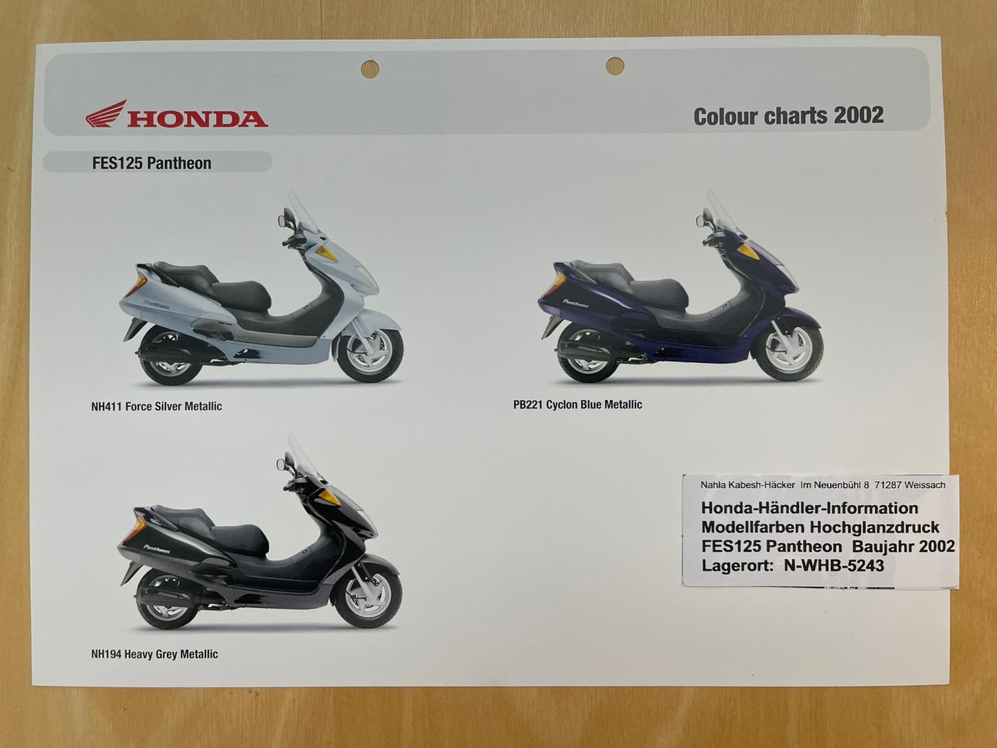 FES125 FES 125 Pantheon Baujahr 2002 - Honda Original Farbchart Prospekt