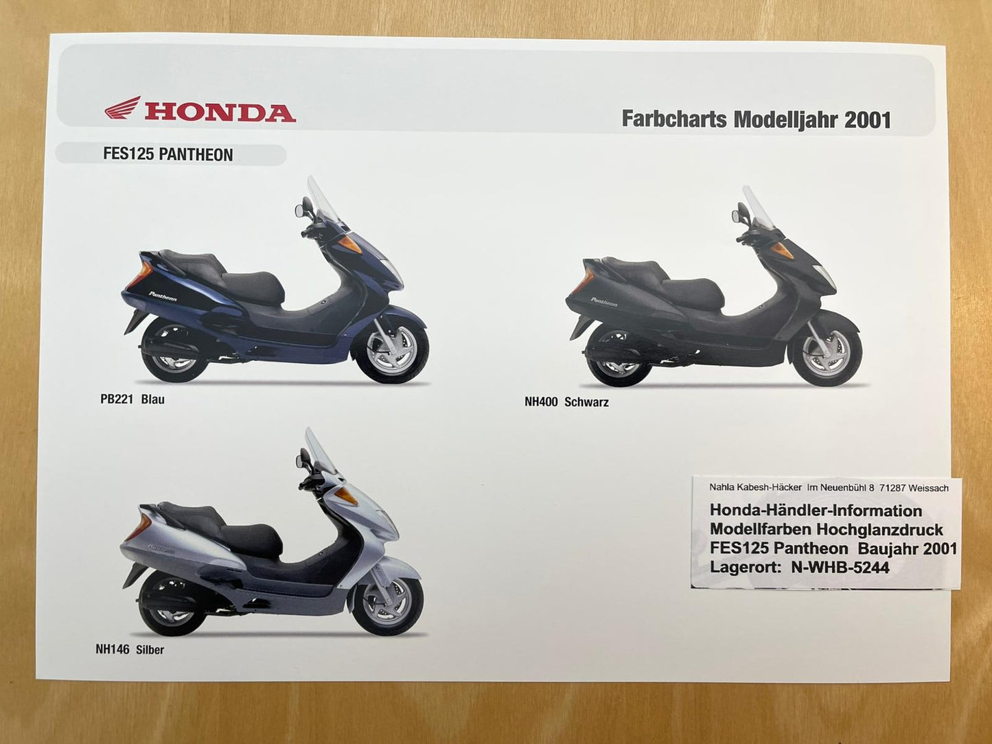 FES125 FES 125 Pantheon Baujahr 2001 - Honda Original Farbchart Prospekt