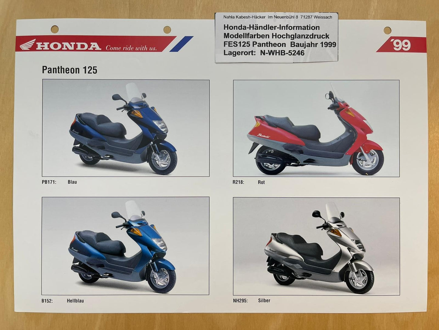 FES125 FES 125 Pantheon Baujahr 1999 - Honda Original Farbchart Prospekt