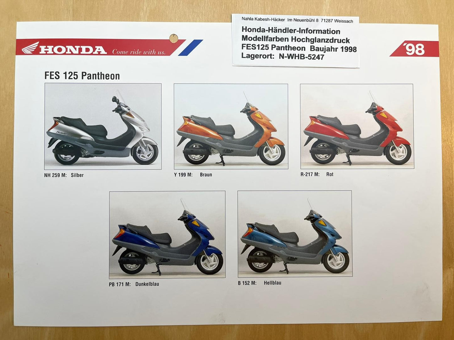 FES125 FES 125 Pantheon Baujahr 1998 - Honda Original Farbchart Prospekt