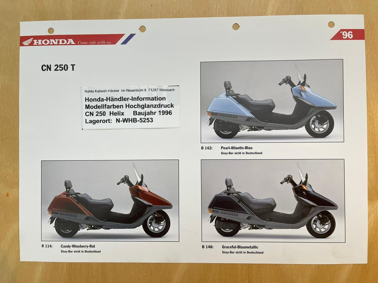 NX250 CN 250 Helix Baujahr 1996 - Honda Original Farbchart Prospekt