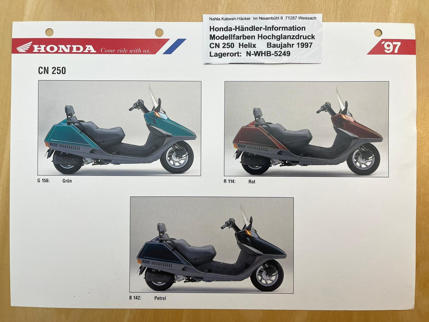 CN250 CN 250 Helix Baujahr 1997 - Honda Original Farbchart Prospekt