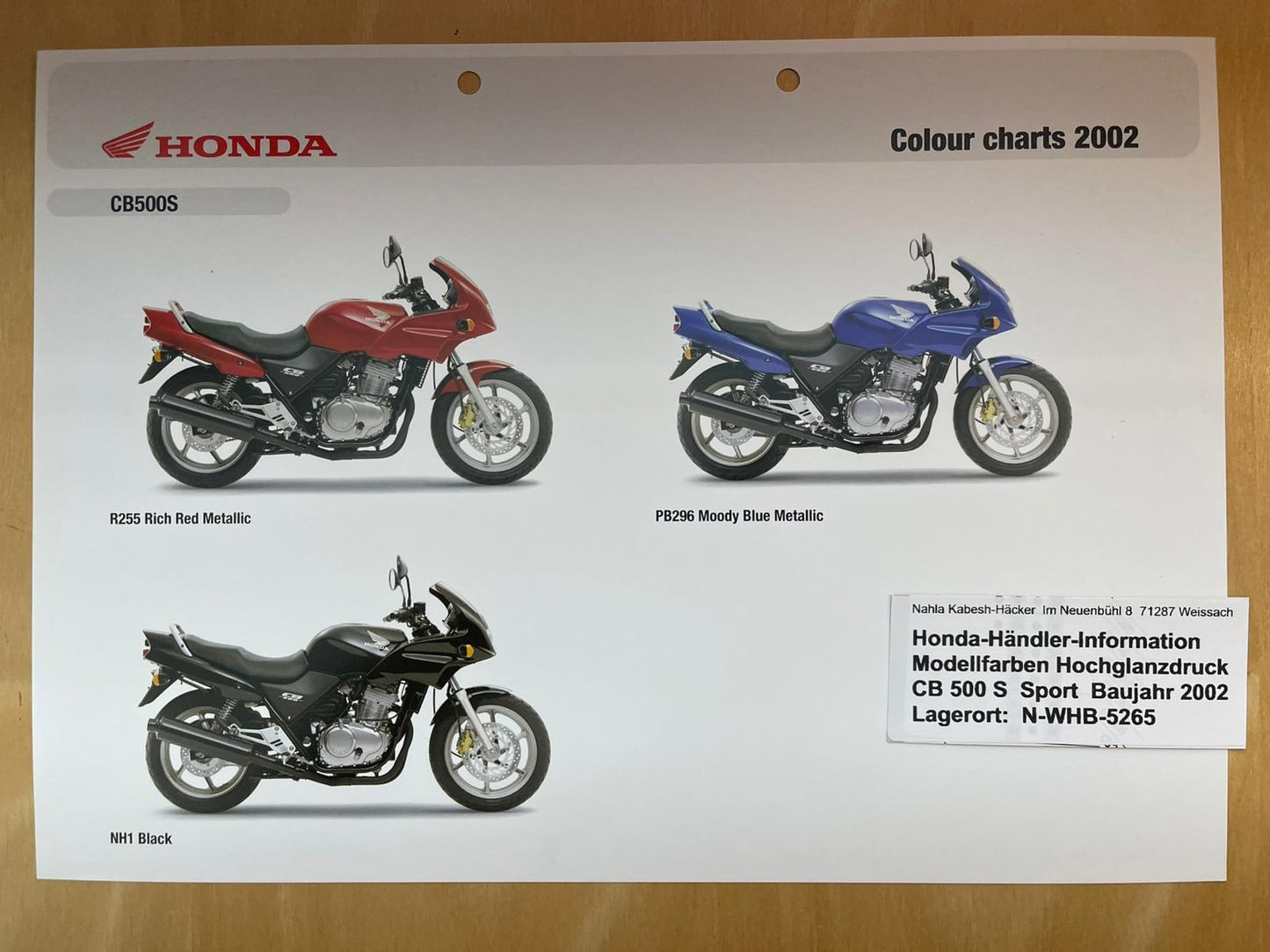 CB500S CB 500 S Sport Baujahr 2002 - Honda Original Farbchart Prospekt