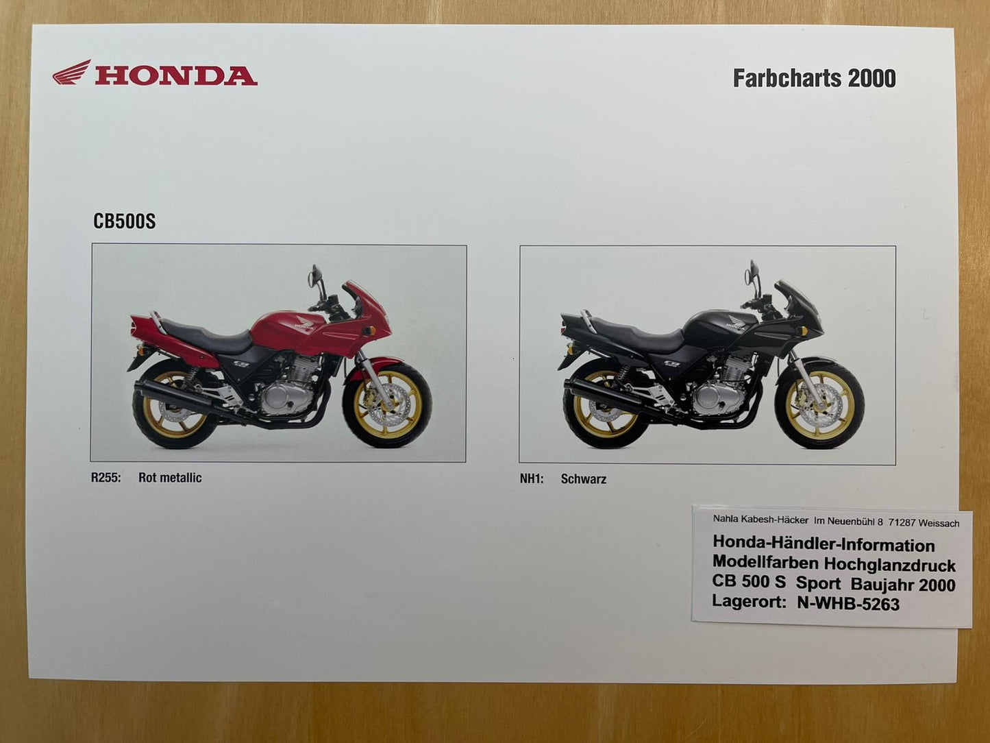 CB500S CB 500 S Sport Baujahr 2000 - Honda Original Farbchart Prospekt