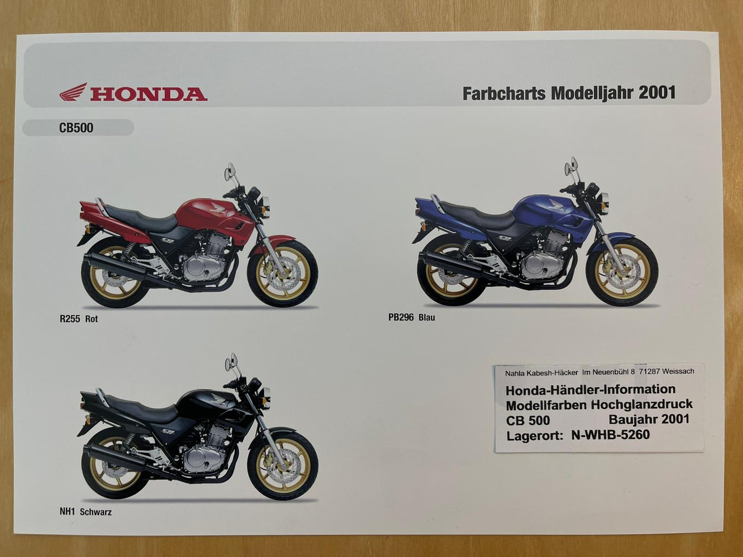 CB500 CB 500 Baujahr 2001 - Honda Original Farbchart Prospekt