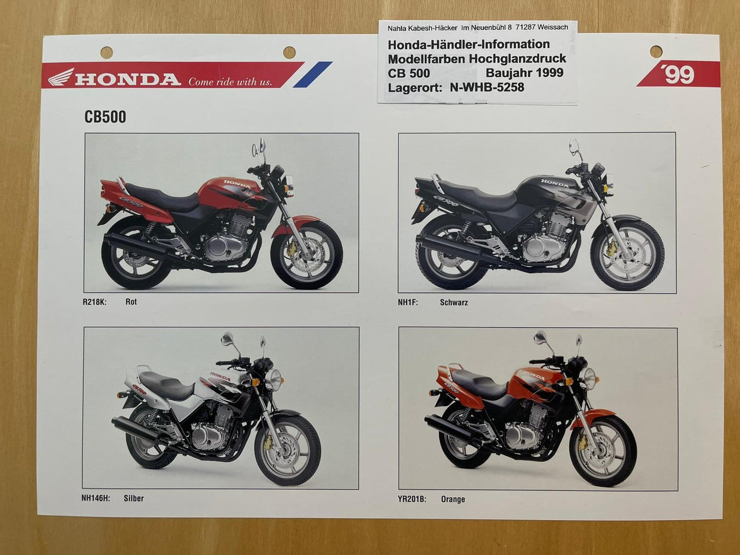 CB500 CB 500 Baujahr 1999 - Honda Original Farbchart Prospekt