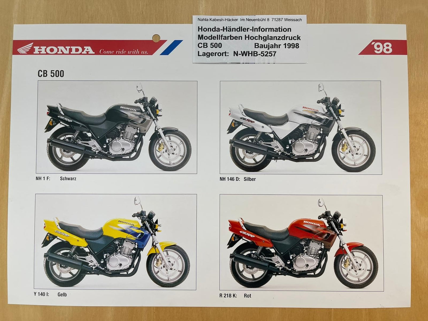 CB500 CB 500 Baujahr 1998 - Honda Original Farbchart Prospekt
