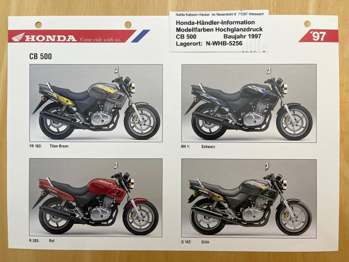 CB500 CB 500 Baujahr 1997 - Honda Original Farbchart Prospekt