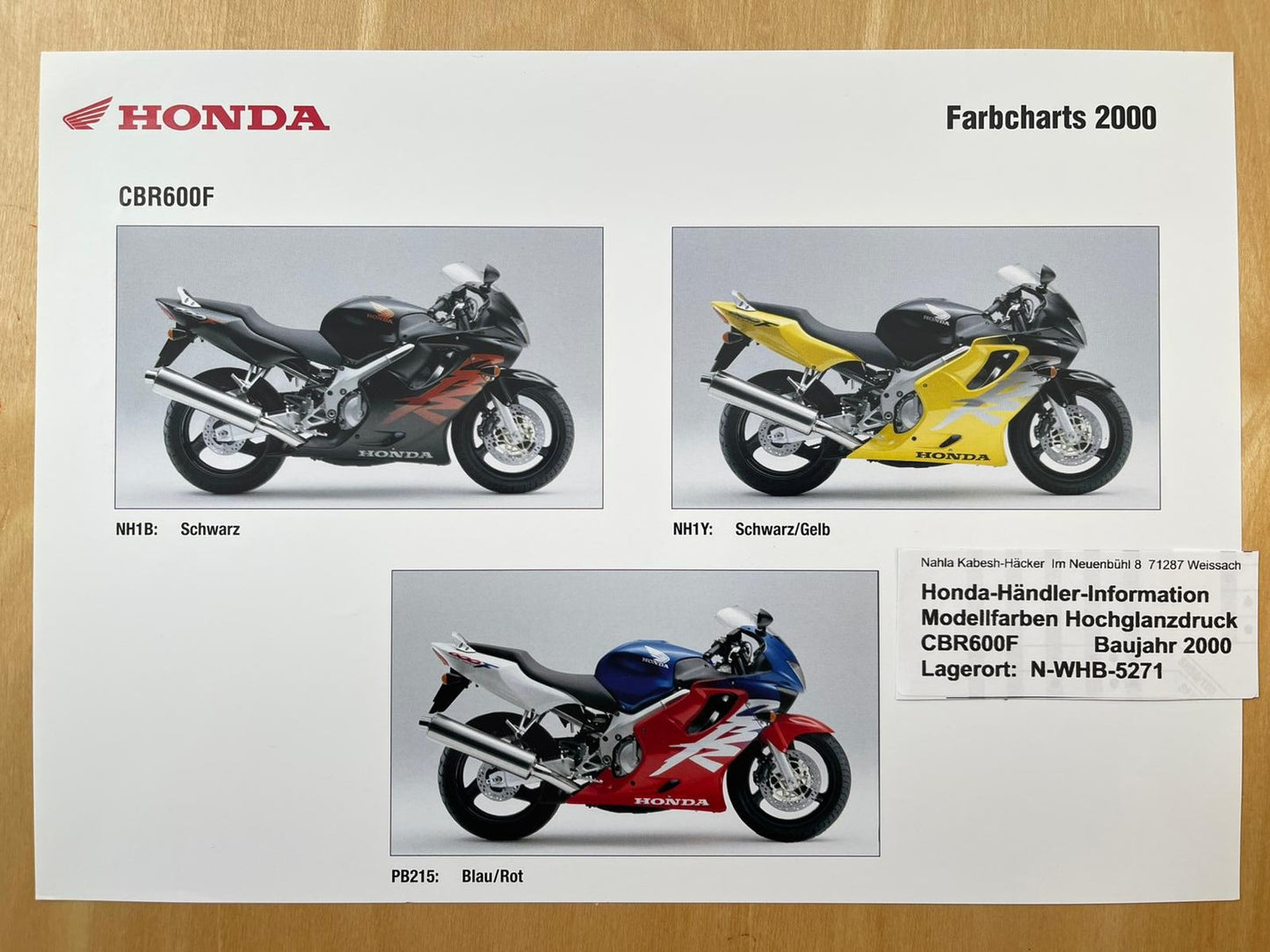 CBR600F CBR 600 F Baujahr 2000 - Honda Original Farbchart Prospekt