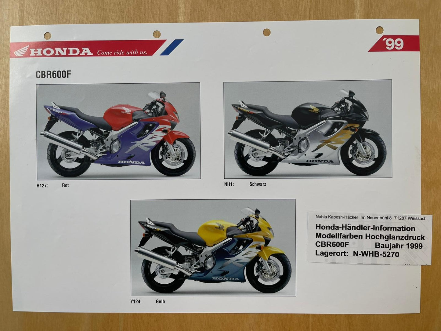 CBR600F CBR 600 F Baujahr 1999 - Honda Original Farbchart Prospekt