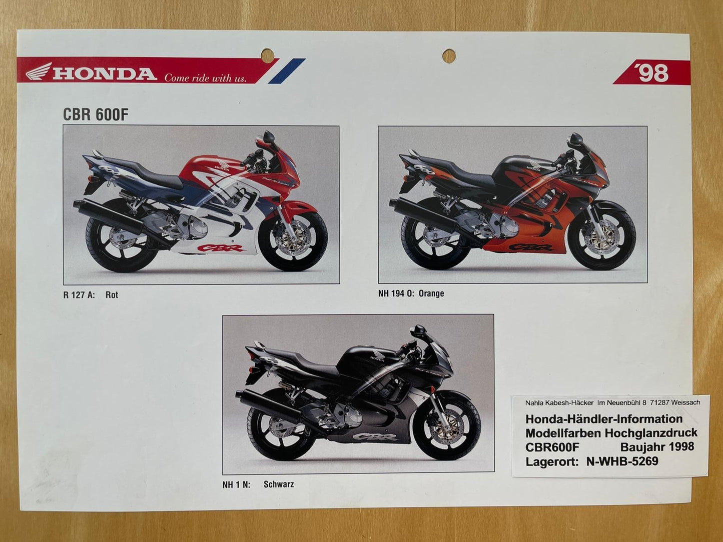 CBR600F CBR 600 F Baujahr 1998 - Honda Original Farbchart Prospekt