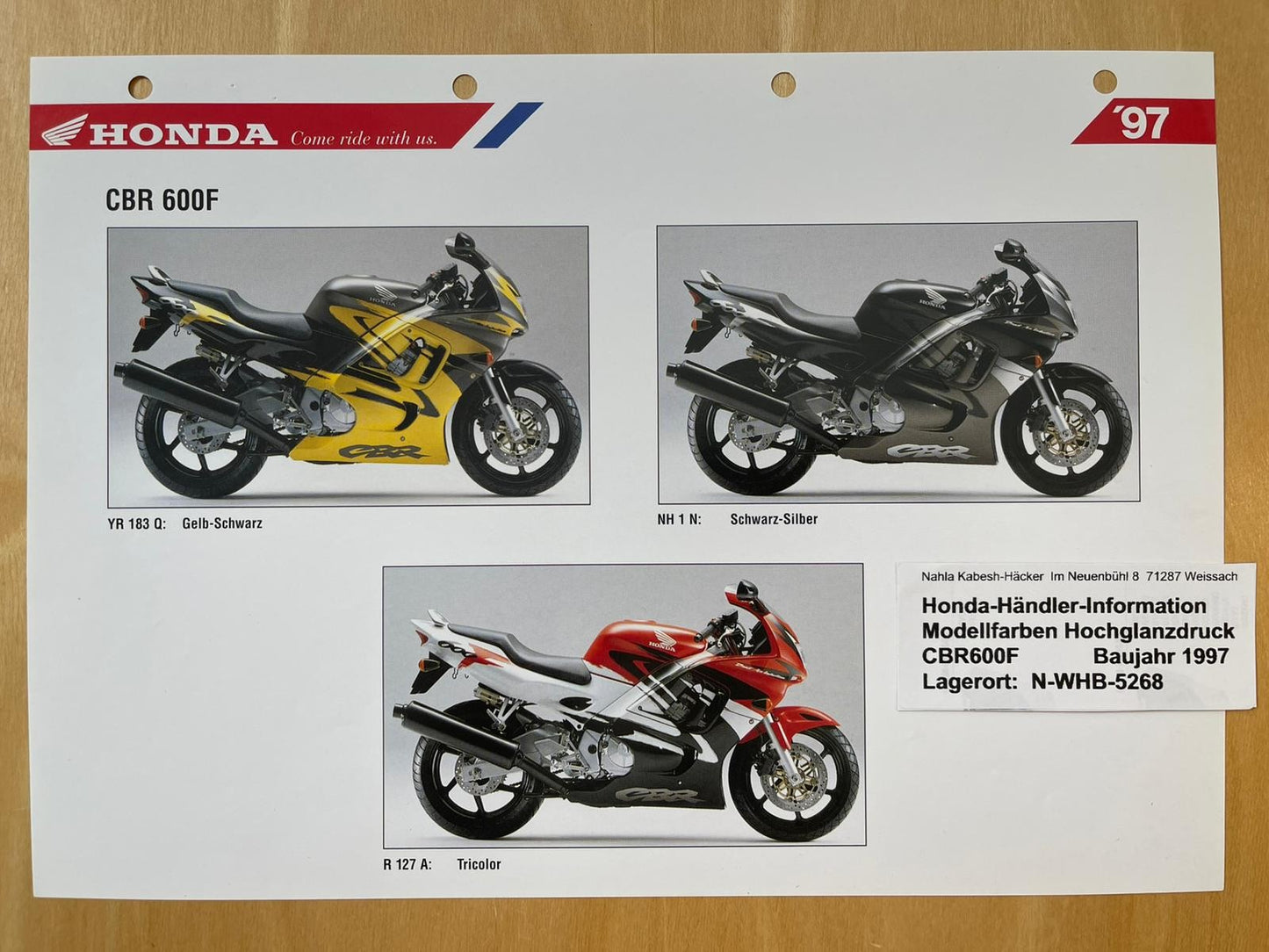 CBR600F CBR 600 F Baujahr 1997 - Honda Original Farbchart Prospekt