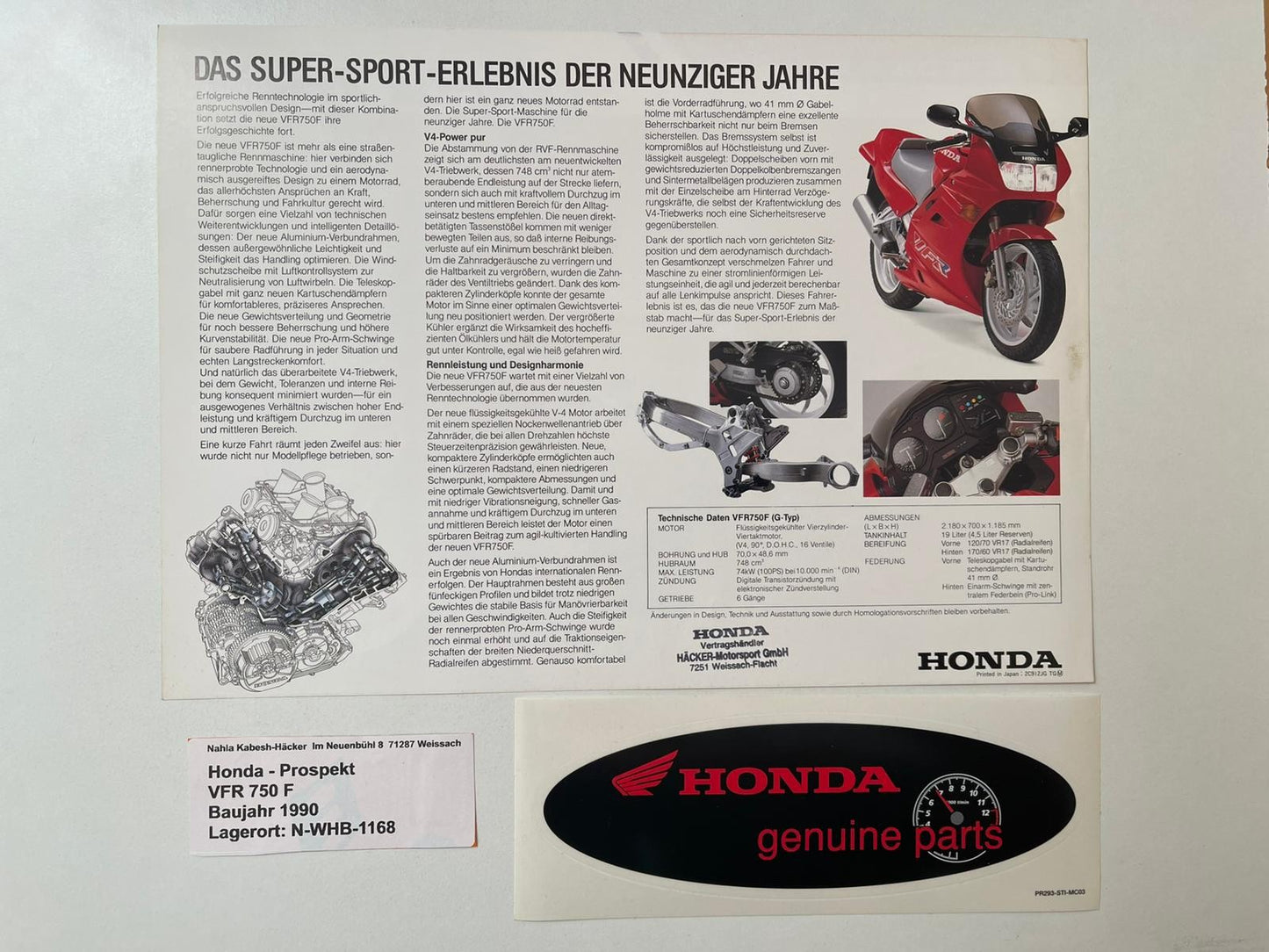 Prospekt Honda VFR750F VFR 750 F Bj. 1990 + Aufkleber