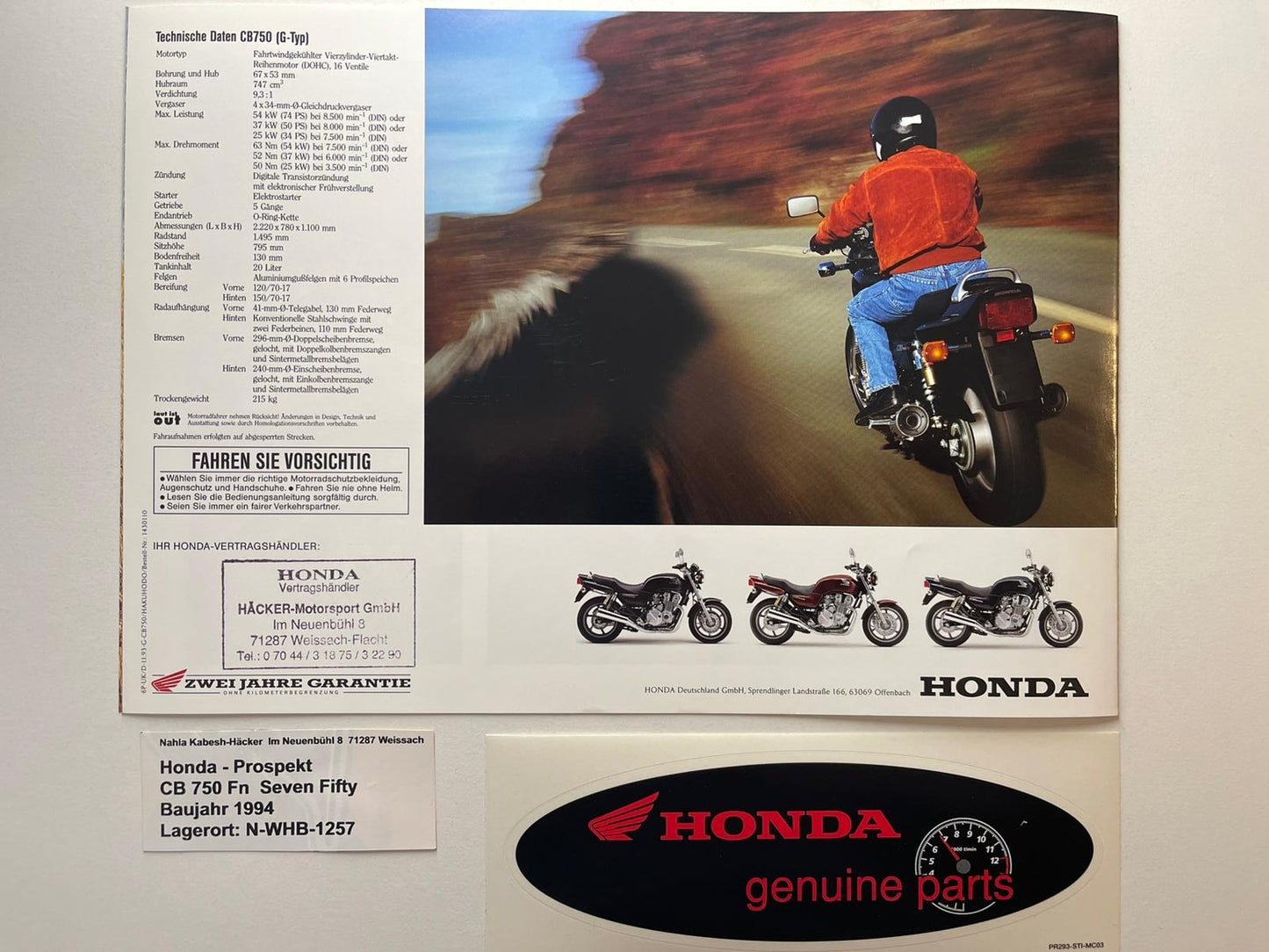 Prospekt Honda CB750F2 CB 750 F2 Seven Fifty Baujahr 1994 + Aufkleber