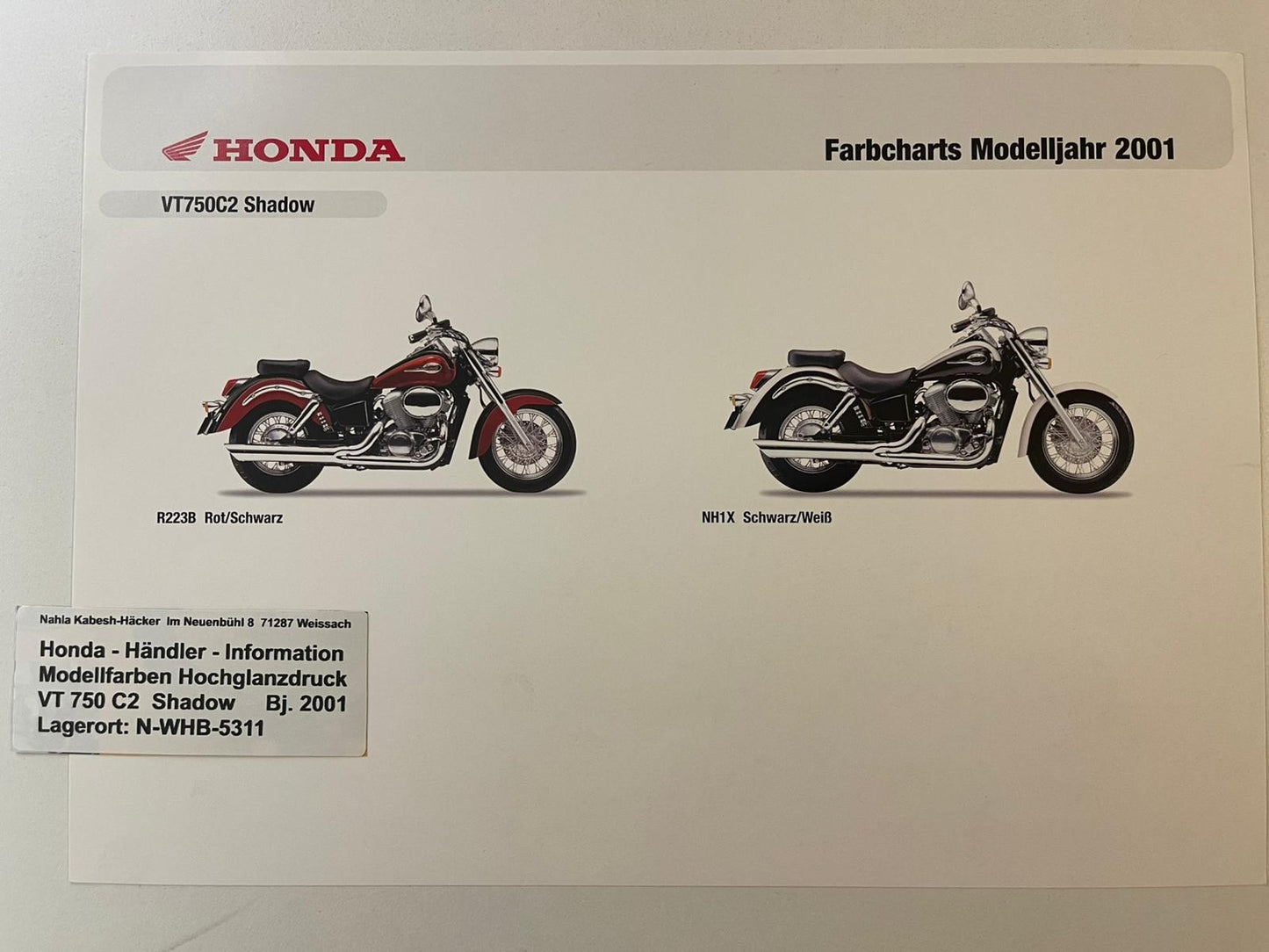 VT750C2 VT 750 C2 Shadow Bj. 2001 - Honda Original Farbchart Prospekt