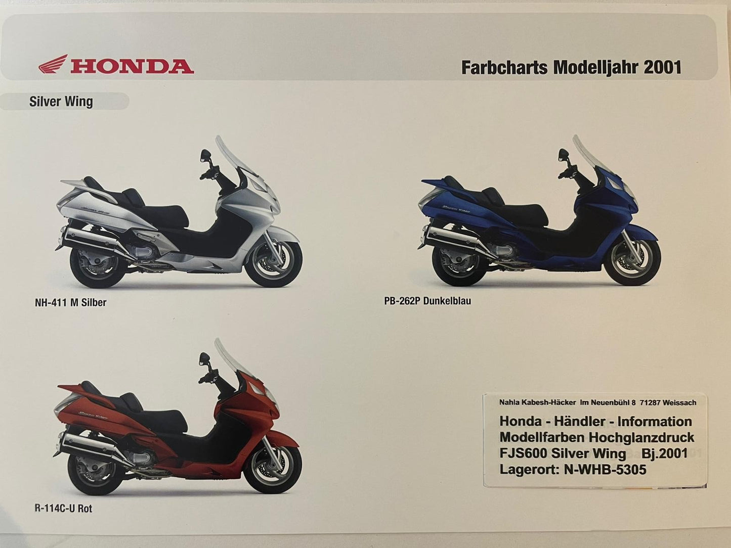 FJS 600 FJS600 Silver Wing Bj. 2001 - Honda Original Farbchart Prospekt