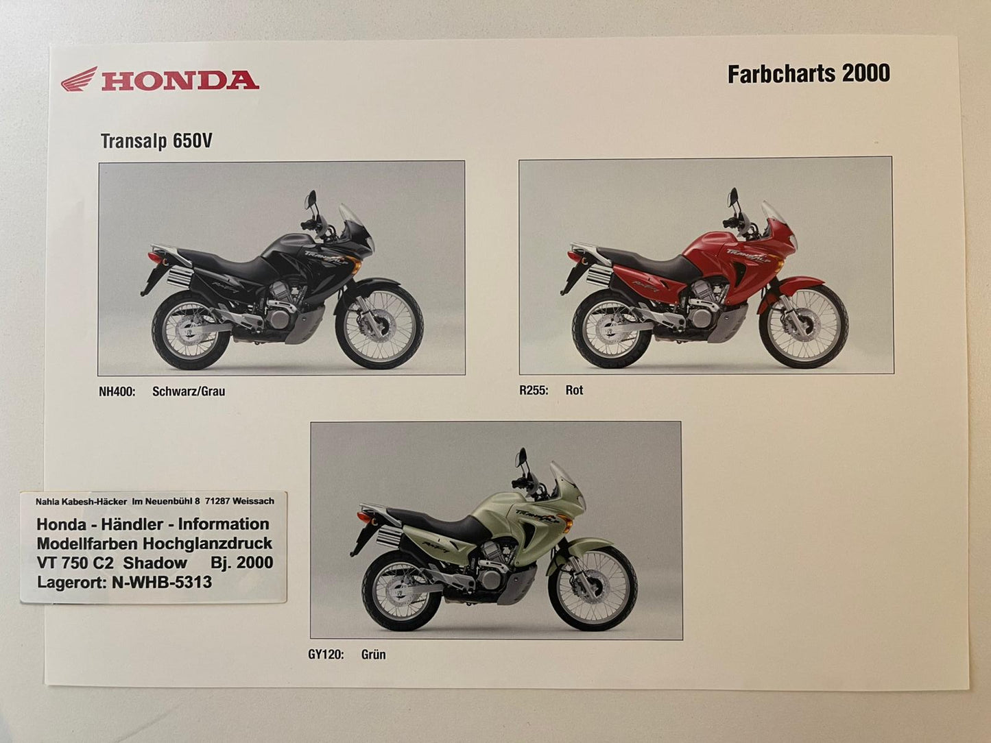 XL650V XL 650 V Transalp Bj. 2000 - Honda Original Farbchart Prospekt