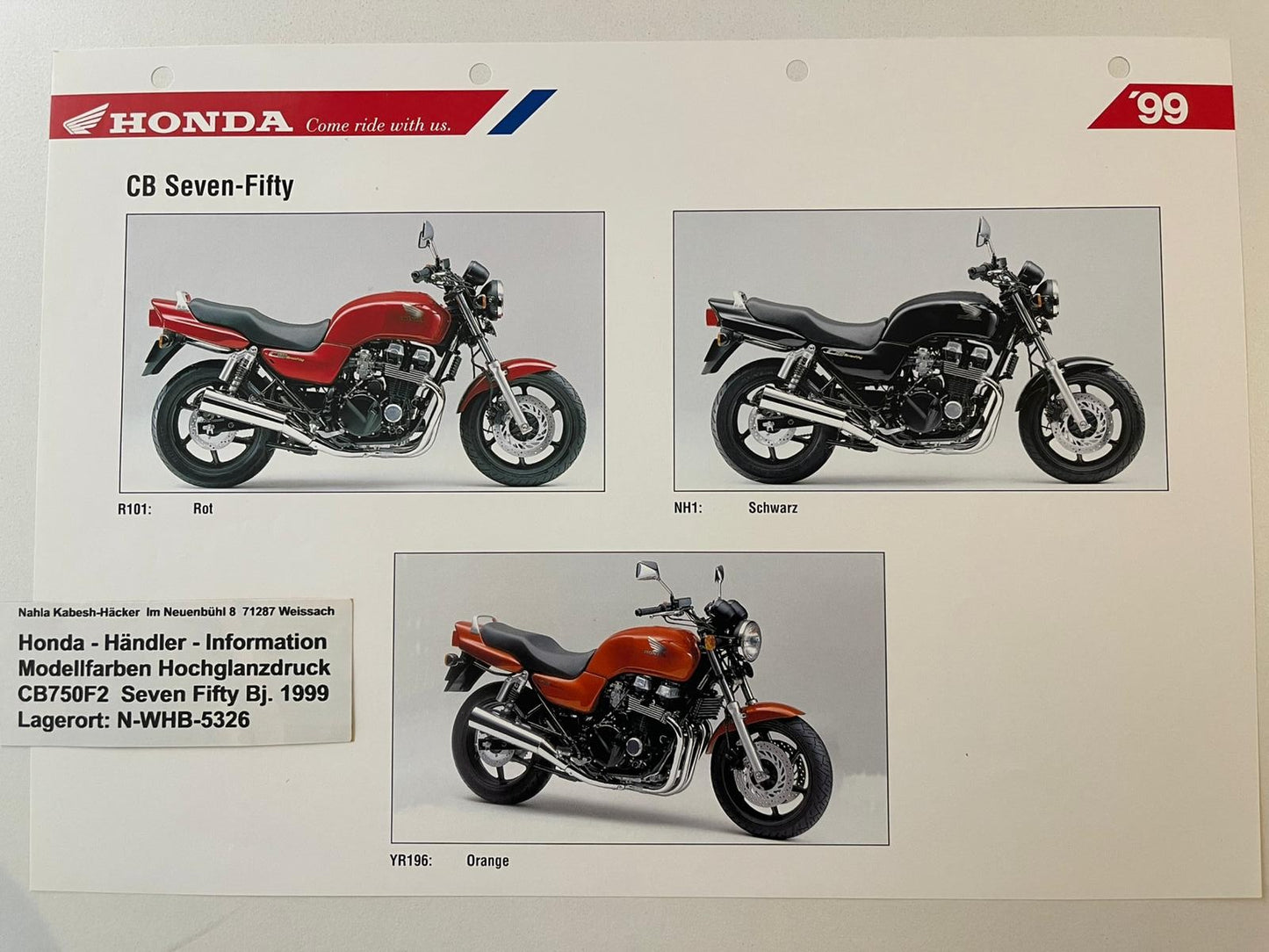 CB750F2 CB 750 F2 Seven Fifty Bj. 1999 - Honda Original Farbchart Prospekt