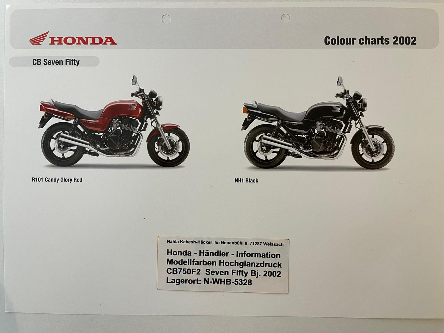 CB750F2 CB 750 F2 Seven Fifty Bj. 2001 - Honda Original Farbchart Prospekt