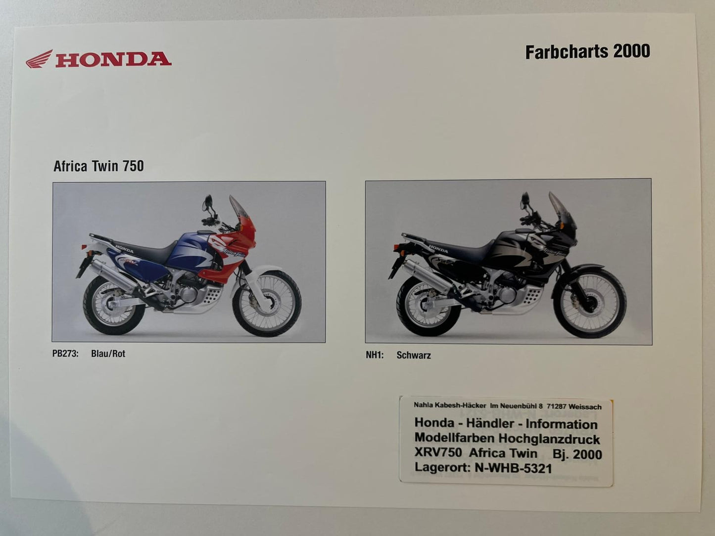 XRV750 XRV 750 Africa Twin Bj. 2000 - Honda Original Farbchart Prospekt