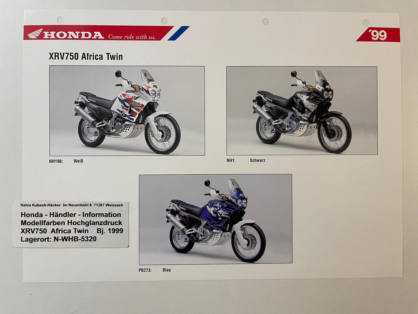 XRV750 XRV 750 Africa Twin Bj. 1999 - Honda Original Farbchart Prospekt