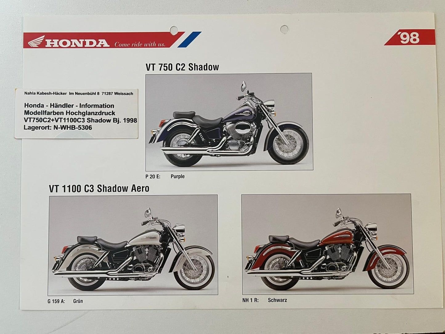 VT1100C3 VT 1100 C3 Shadow Bj. 1998 - Honda Original Farbchart Prospekt