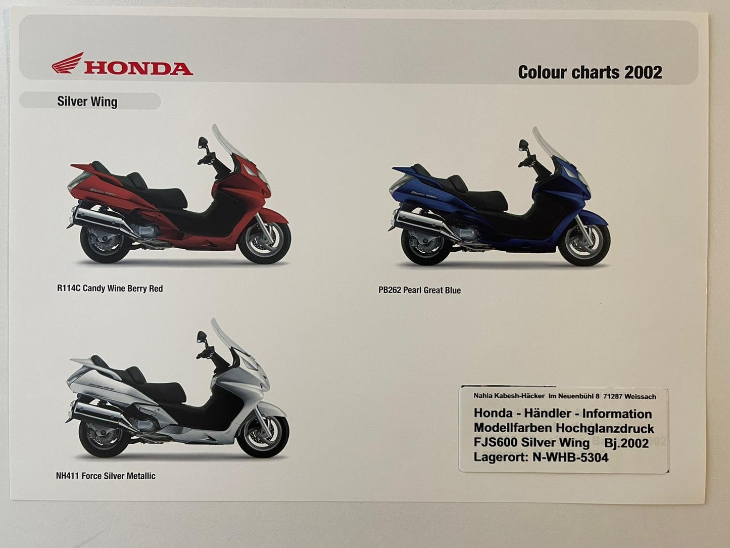 FJS 600 FJS600 Silver Wing Bj. 2002 - Honda Original Farbchart Prospekt