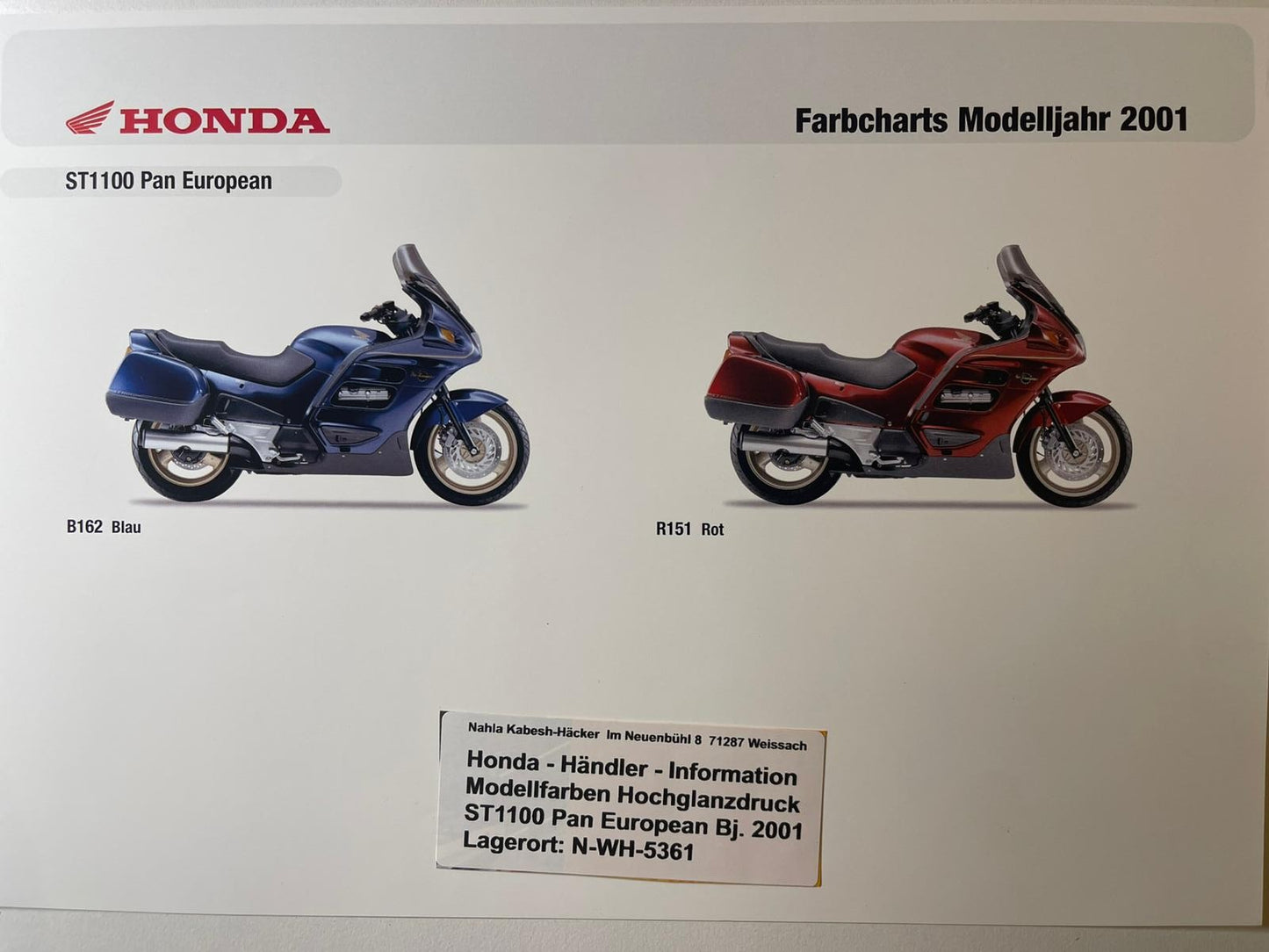 ST1100 ST 1100 Pan European Bj. 2001 - Honda Original Farbchart Prospekt