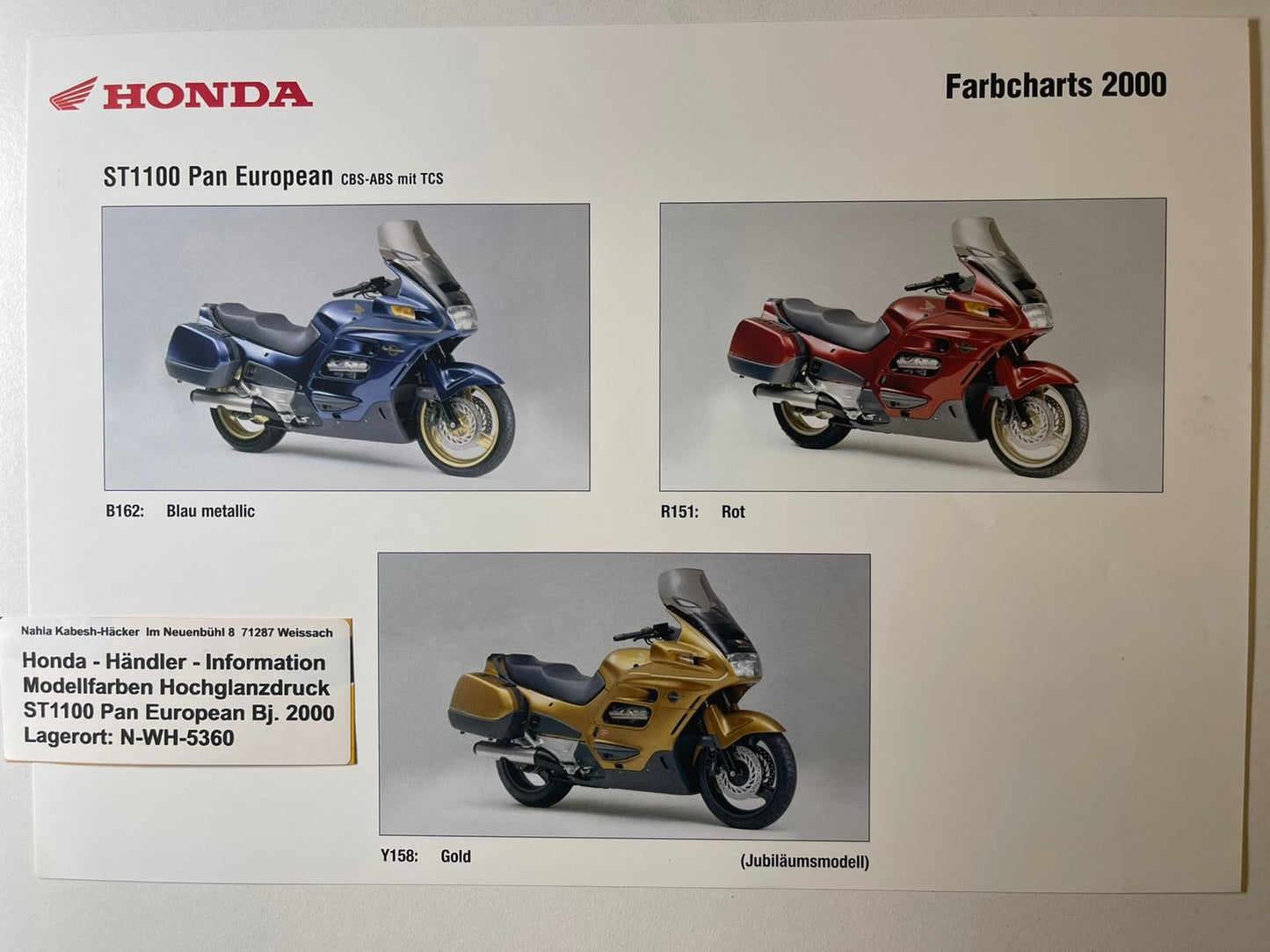 ST1100 ST 1100 Pan European Bj. 2000 - Honda Original Farbchart Prospekt