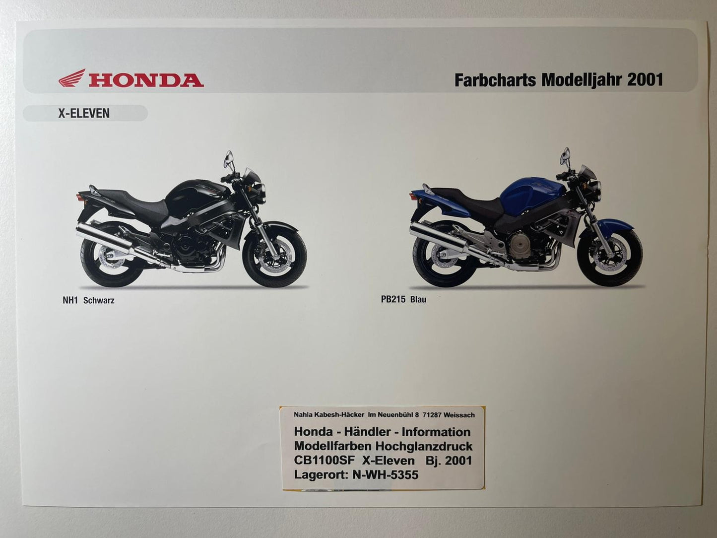 CB1100SF CB 1100 SF X-Eleven X-11 Bj. 2001 - Honda Original Farbchart Prospekt
