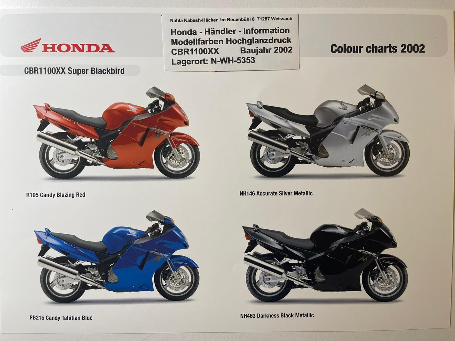 CBR1100XX CBR 1100 XX Super Blackbird Bj. 2002 - Honda Original Farbchart Prospekt für Sammler
