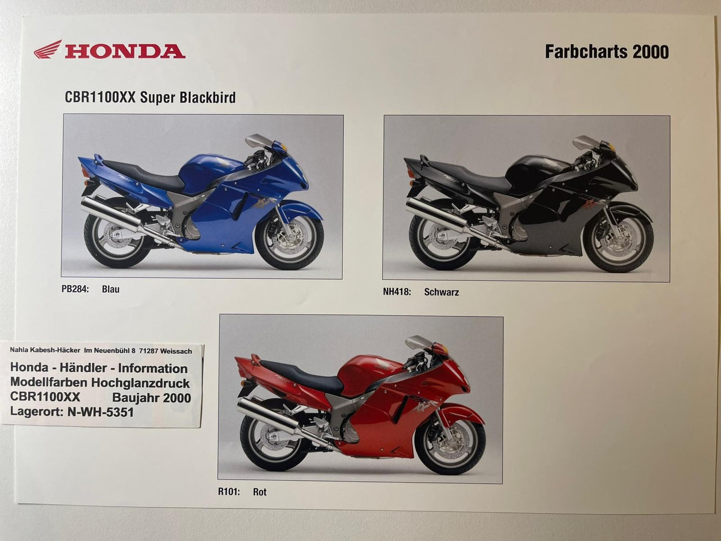 CBR1100XX CBR 1100 XX Super Blackbird Bj. 2000 - Honda Original Farbchart Prospekt für Sammler