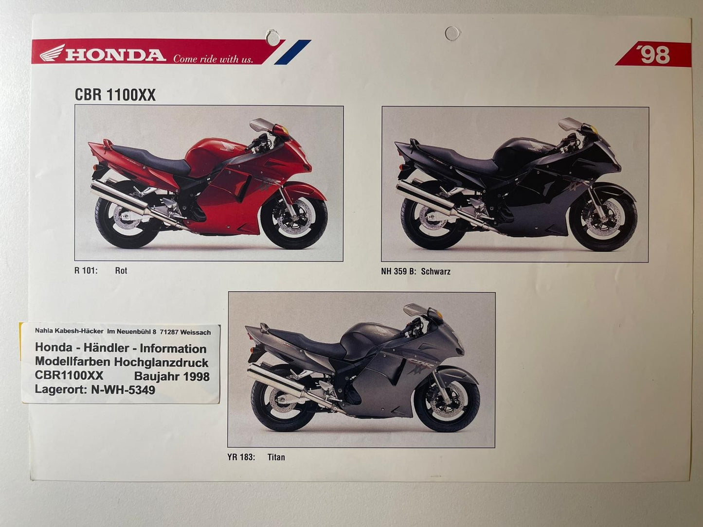 CBR1100XX CBR 1100 XX Super Blackbird Bj. 1998 - Honda Original Farbchart Prospekt für Sammler