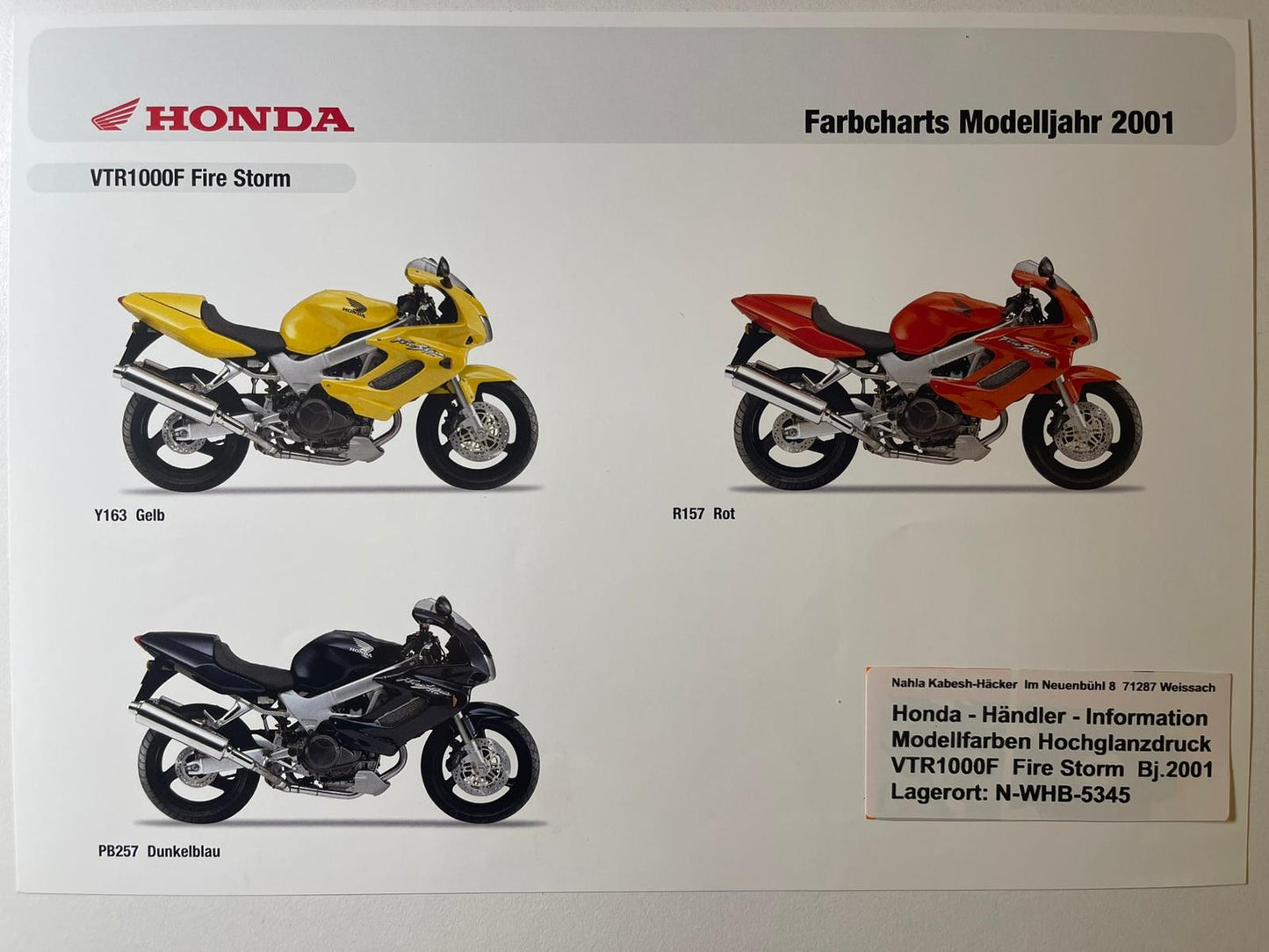 VTR1000F VTR 1000 F Fire Storm Bj. 2001 - Honda Original Farbchart Prospekt