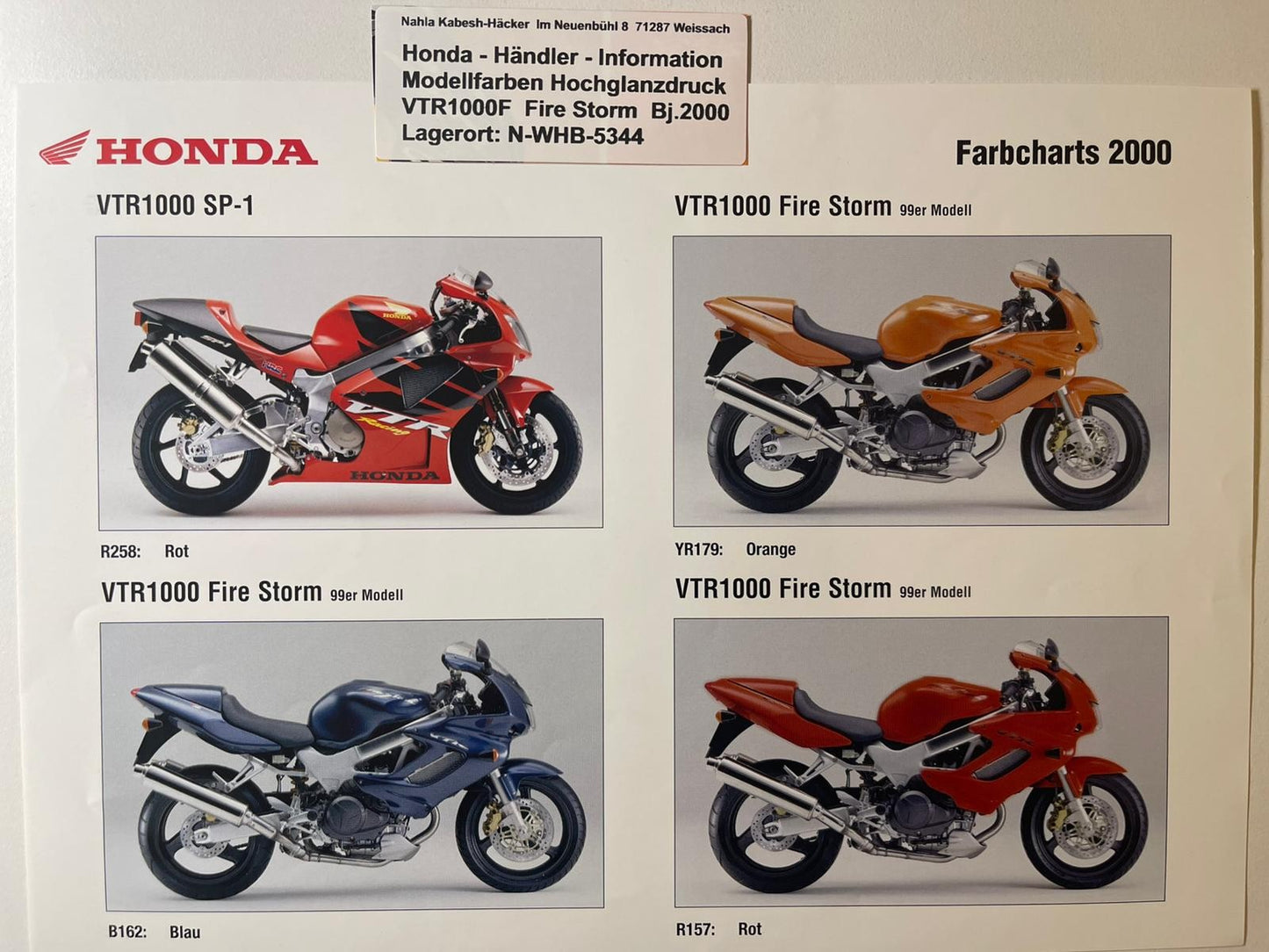 VTR1000F VTR 1000 F Fire Storm Bj. 2000 - Honda Original Farbchart Prospekt für Sammler