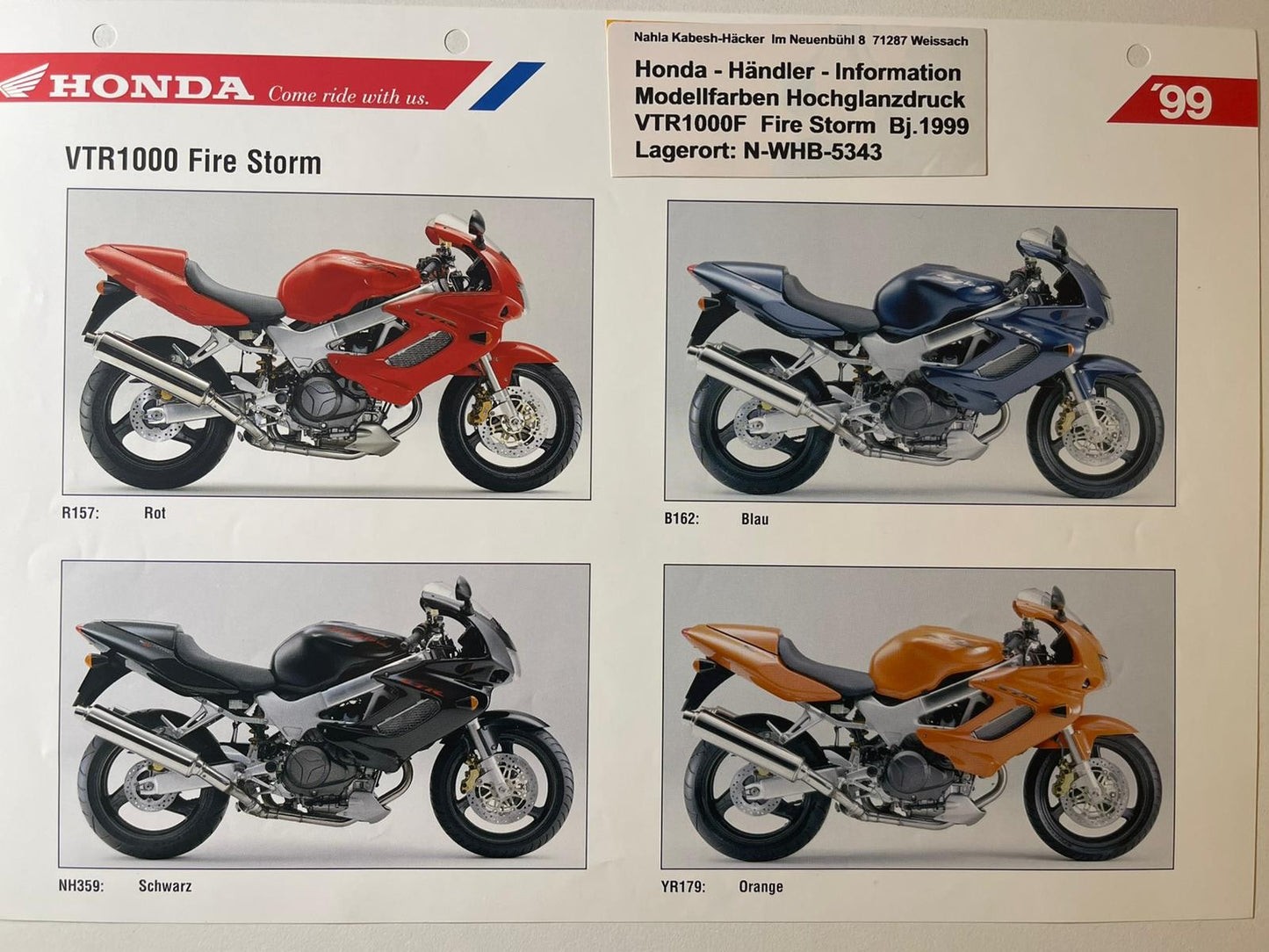 VTR1000F VTR 1000 F Fire Storm Bj. 1999 - Honda Original Farbchart Prospekt für Sammler