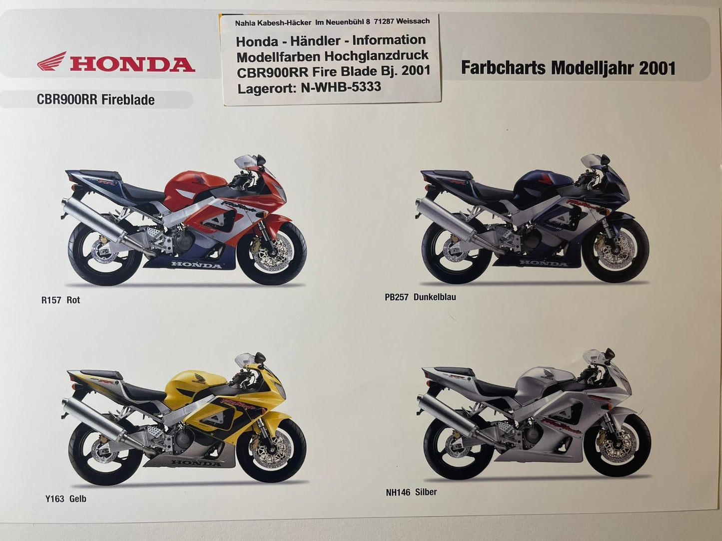 CBR900RR CBR 900 RR Fire Blade Bj. 2001 - Honda Original Farbchart Prospekt