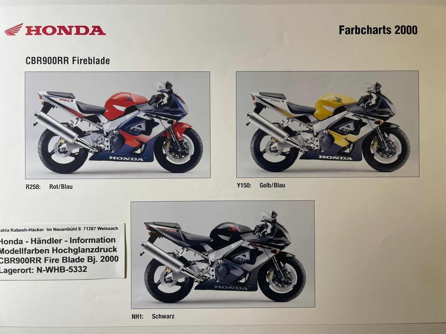 CBR900RR CBR 900 RR Fire Blade Bj. 2000 - Honda Original Farbchart Prospekt