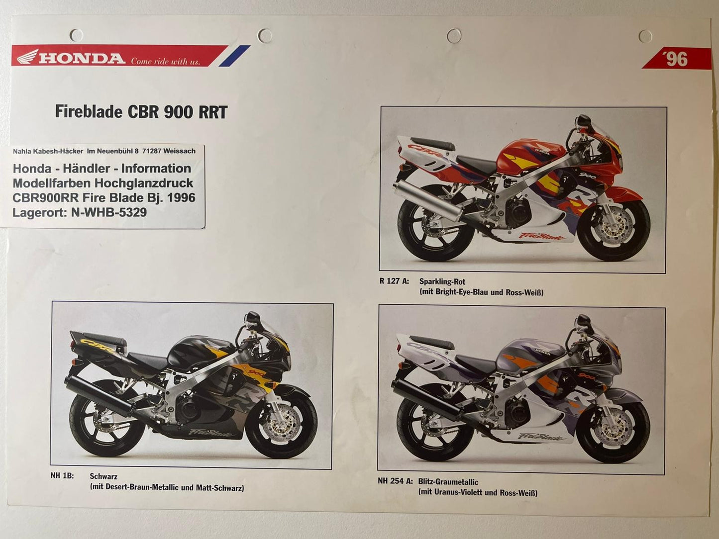 CBR900RR CBR 900 RR Fire Blade Bj. 1996 - Honda Original Farbchart Prospekt