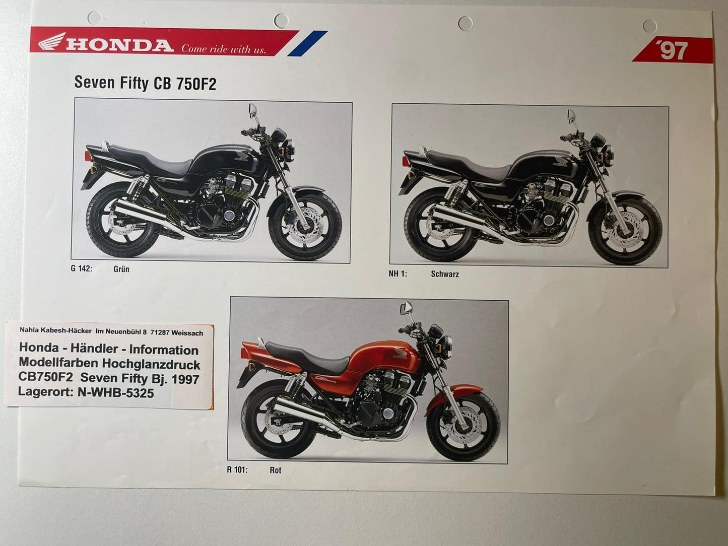 CB750F2 CB 750 F2 Seven Fifty Bj. 1997 - Honda Original Farbchart Prospekt
