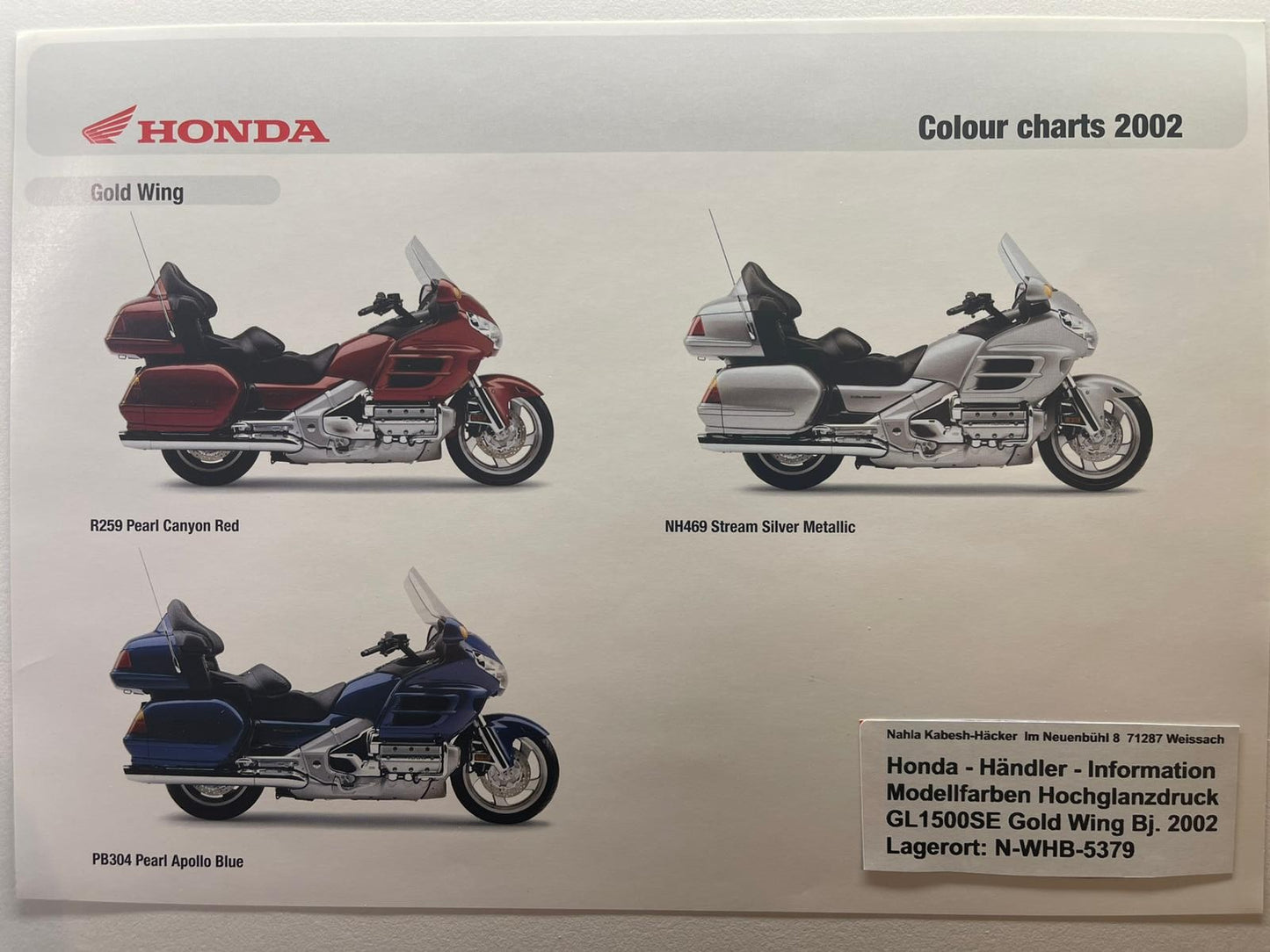GL1800A GL 1800 A ABS Goldwing Bj. 2002 - Honda Original Farbchart Prospekt