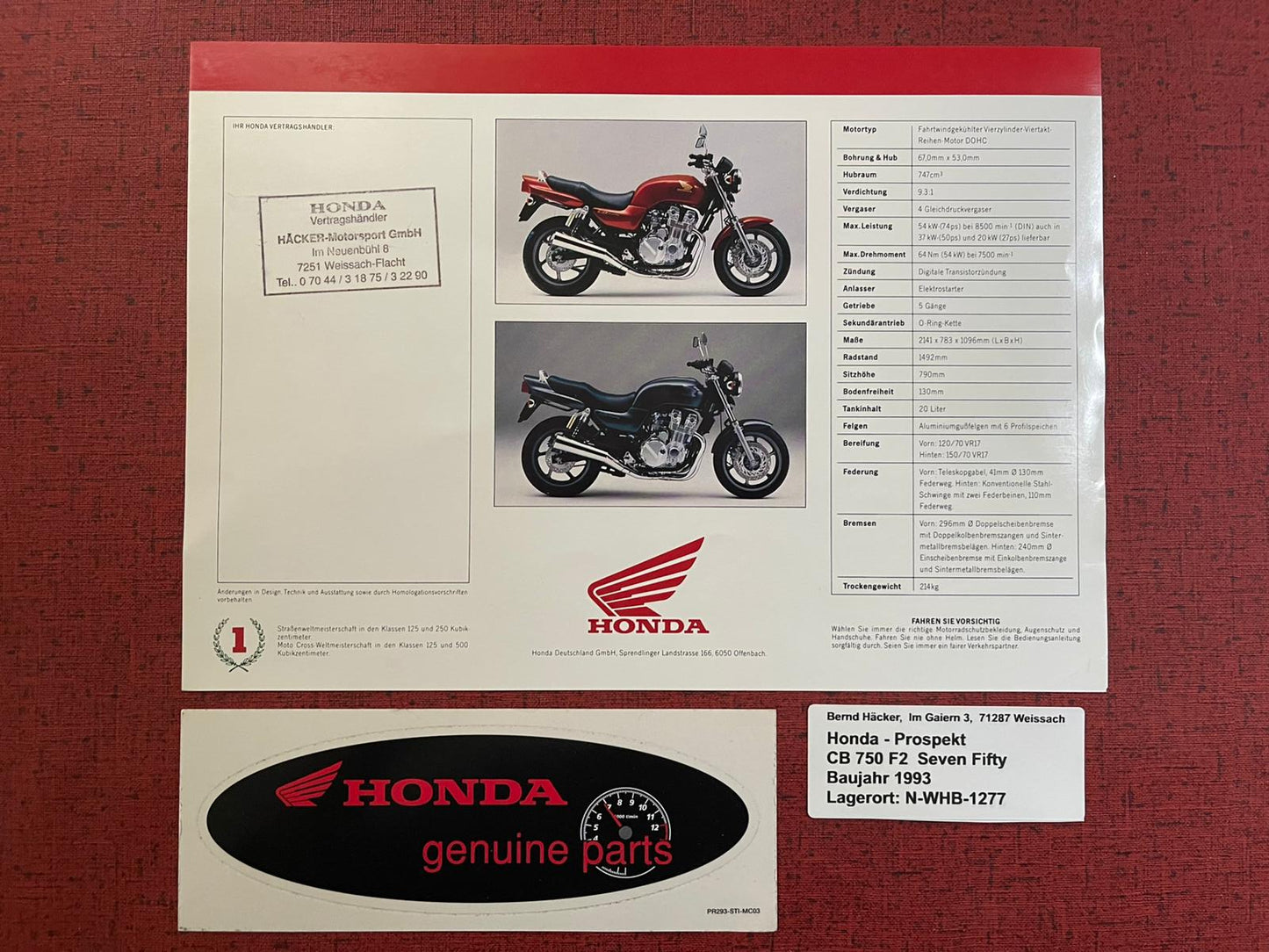 Prospekt Honda CB750F2 - CB 750 F2 Seven Fifty - Bj. 1992 + Aufkleber