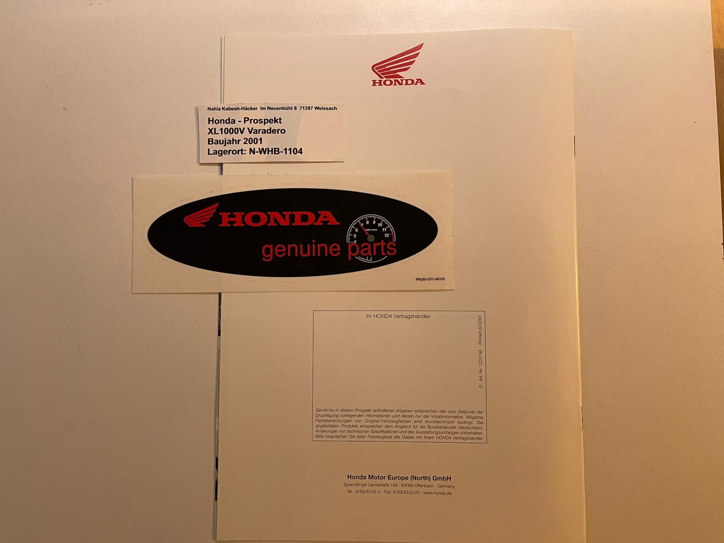 Prospekt Honda XL1000V Varadero Bj. 2001 + Aufkleber neu