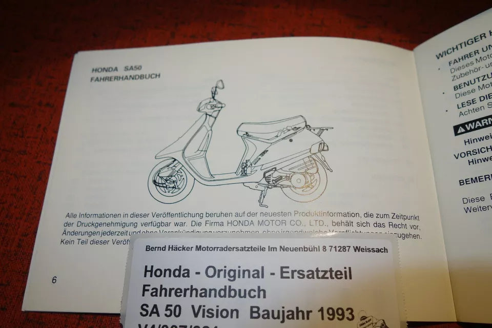 Fahrerhandbuch Owners Manual SA50 Vision Baujahr 1993 Original Honda