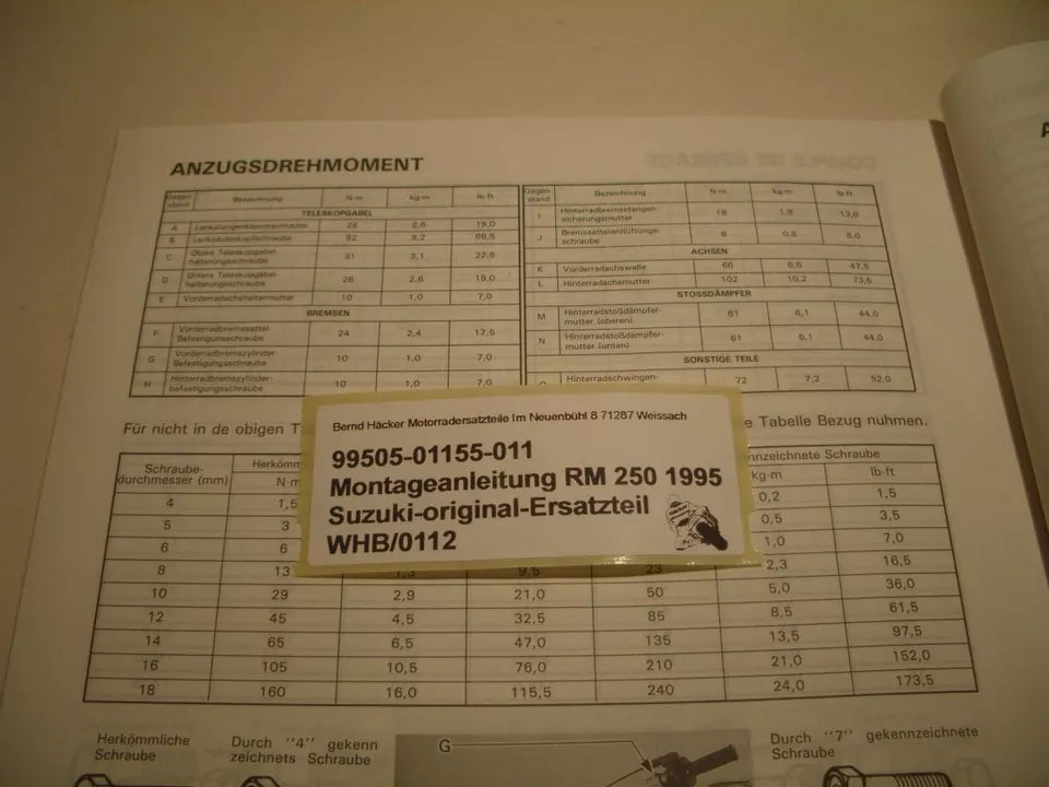 Montageanleitung _ SET-UP MANUAL _ original _ SUZUKI_ RM 250_ Baujahr 1995