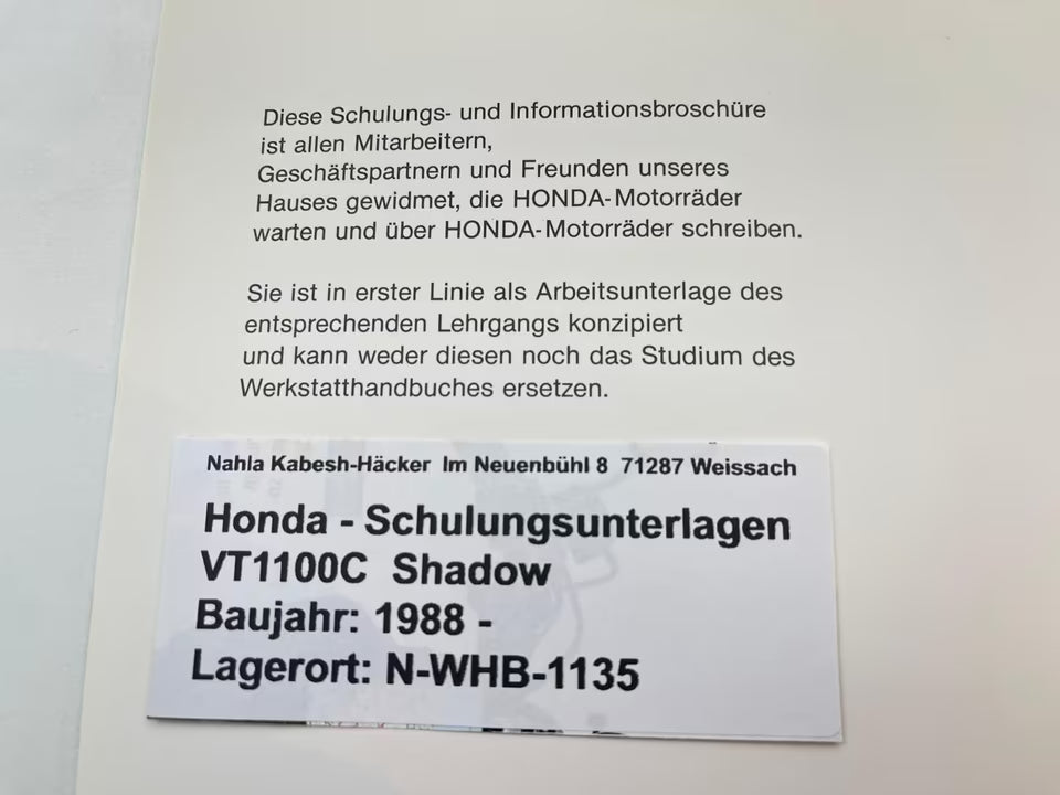Honda Schulungs - Unterlagen VT1100C VT 1100 C Shadow ab Baujahr 1988 für Sammler