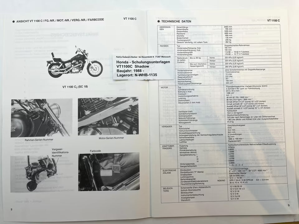 Honda Schulungs - Unterlagen VT1100C VT 1100 C Shadow ab Baujahr 1988 für Sammler