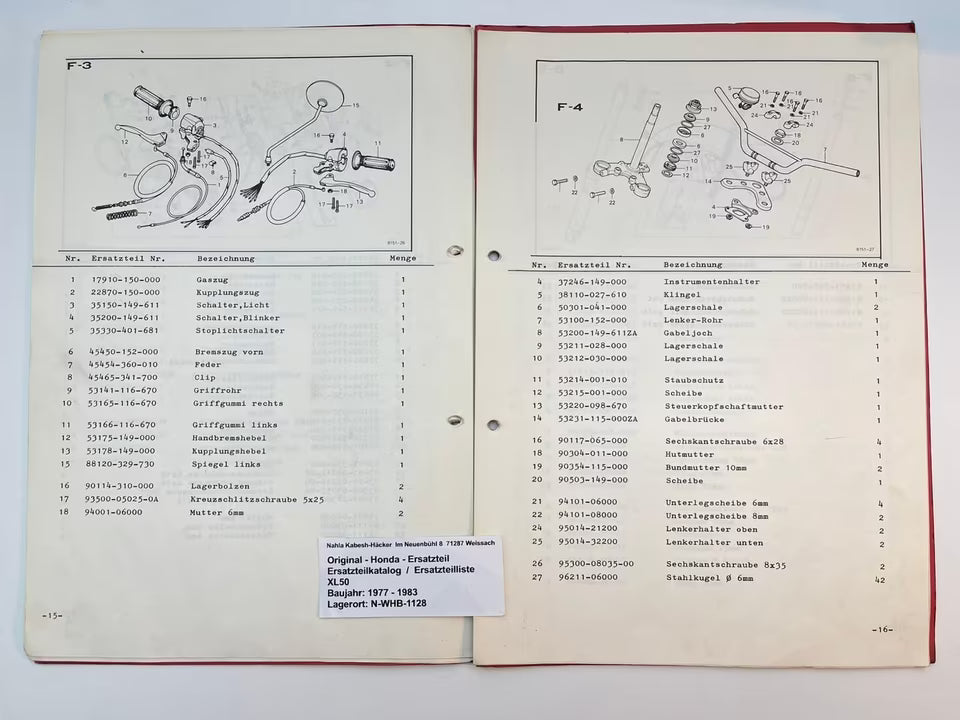 Ersatzteilkatalog XL50 XL 50 Baujahr 1977 - 1983 Honda Ersatzteilliste